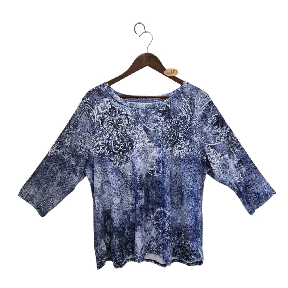CJ Banks Womens 1X Blue White Paisley Floral 3/4 Sleeve Rayon Blouse Top